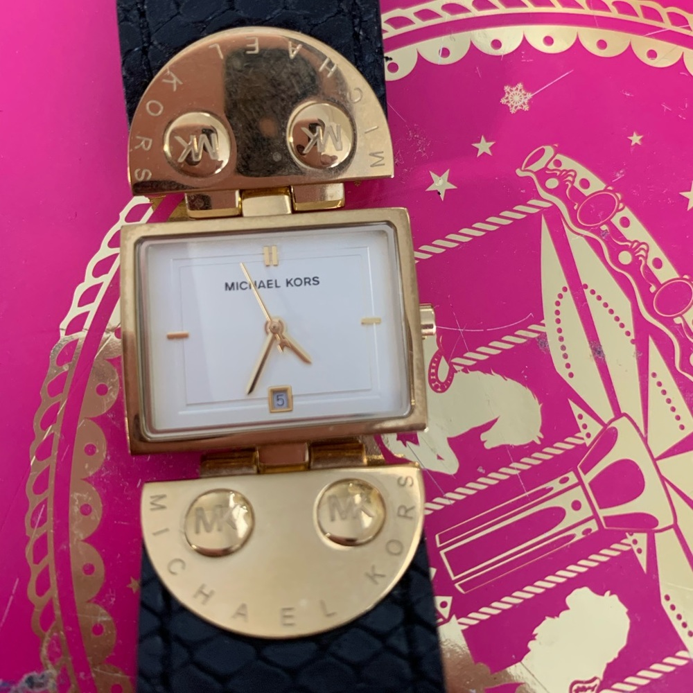 Michael Kors black and gold leather watch